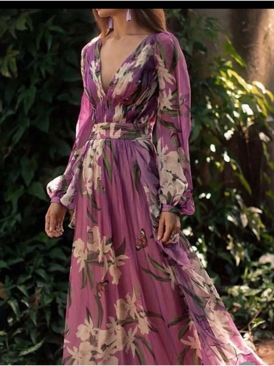 Dresses & Skirts - Purple Floral Maxi Dress with V-Neck